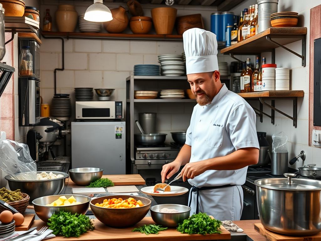 American chef creating fusion cuisine in a small production kitchen in Italy American chef creating fusion cuisine in a small production kitchen in Italy