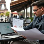 American entrepreneur reviewing European business opportunities at a café in Paris