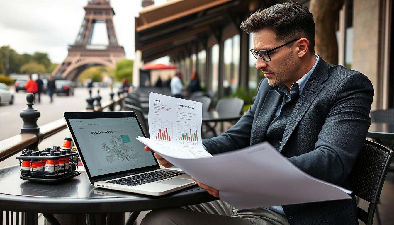 American entrepreneur reviewing European business opportunities at a café in Paris
