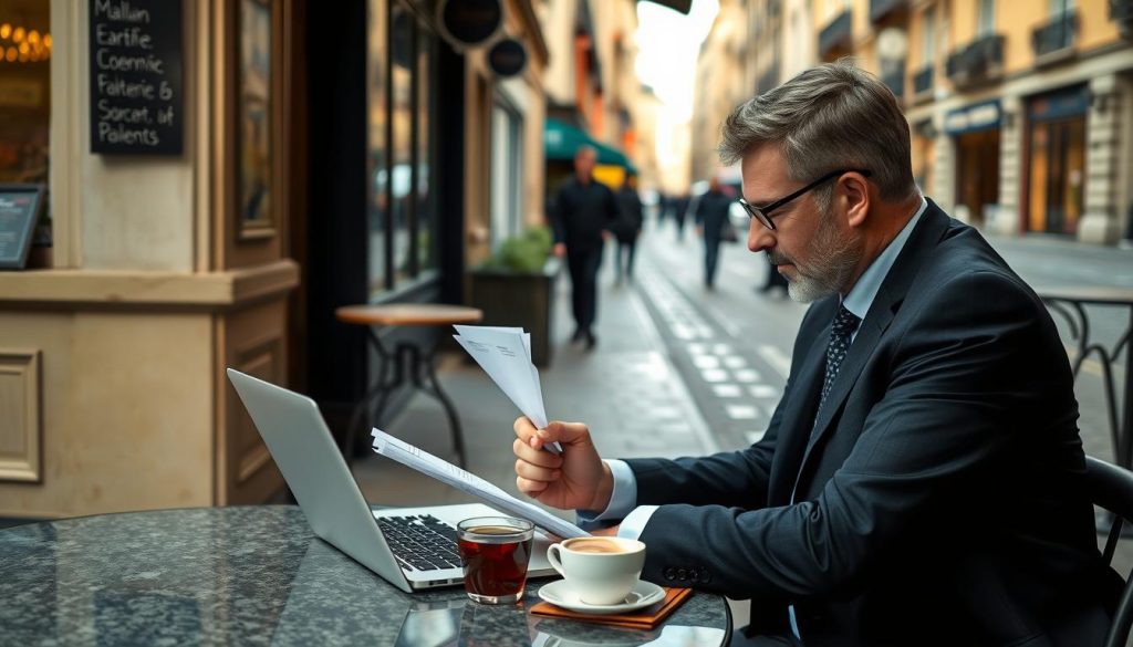 American entrepreneur reviewing European business plans in a café American entrepreneur reviewing European business plans in a café
