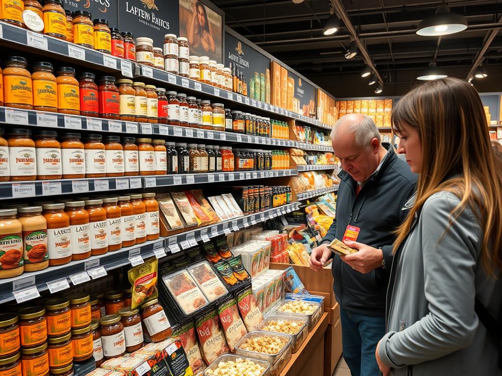 American specialty food products displayed in a European gourmet market American specialty food products displayed in a European gourmet market