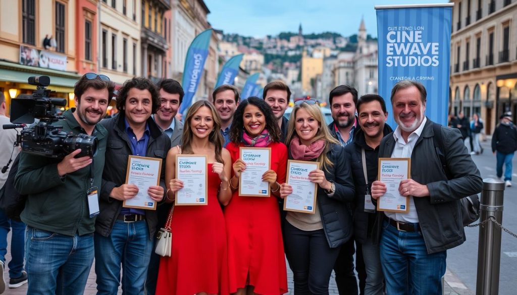 CineWave Studios team celebrating at a film festival in Europe CineWave Studios team celebrating at a film festival in Europe
