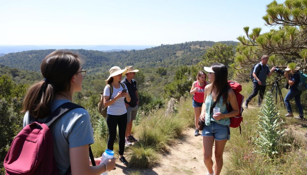 Eco-tourism guide leading a small group through a Portuguese nature reserve Eco-tourism guide leading a small group through a Portuguese nature reserve