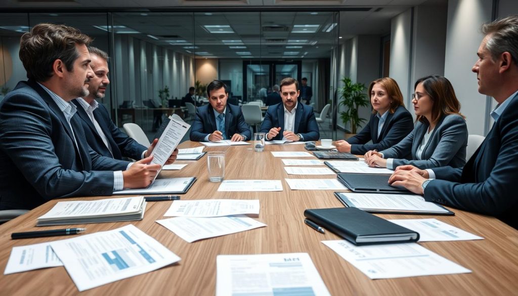 Film funding meeting with investors and financial documents for a European production company Film funding meeting with investors and financial documents for a European production company