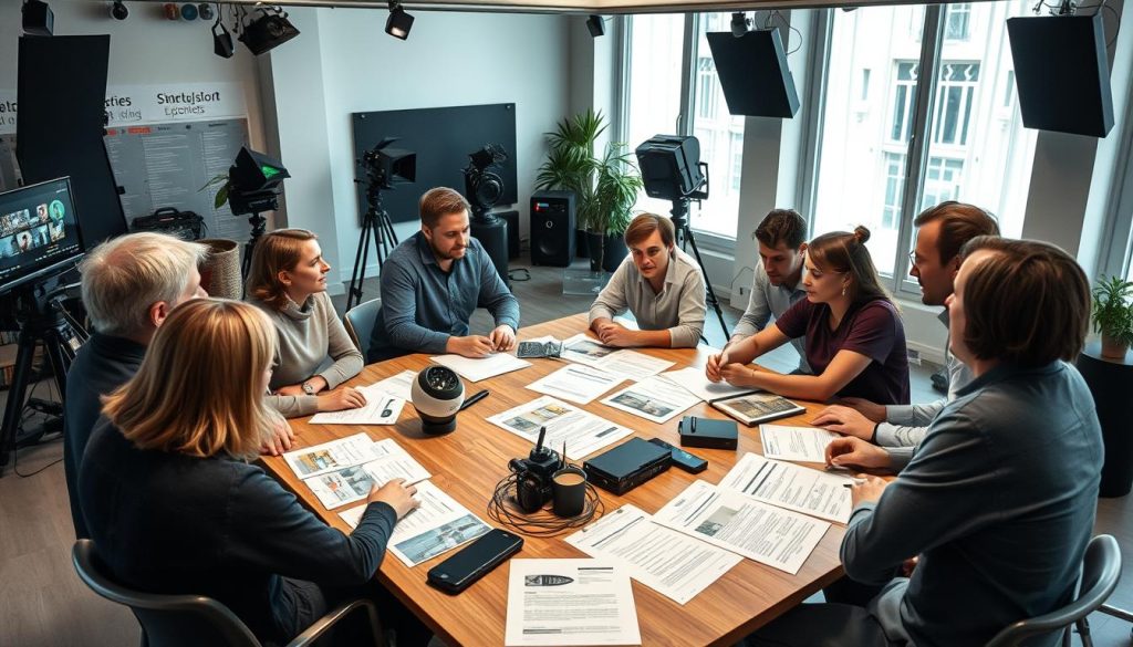 Film production team meeting in a European studio office Film production team meeting in a European studio office