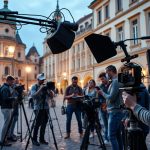 Film production team shooting on location in Europe with camera equipment and crew
