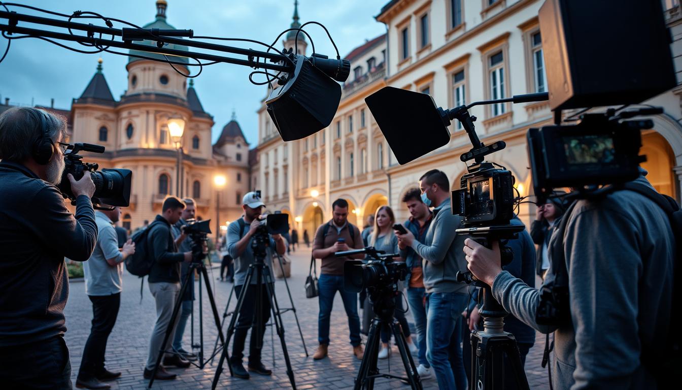 Film production team shooting on location in Europe with camera equipment and crew