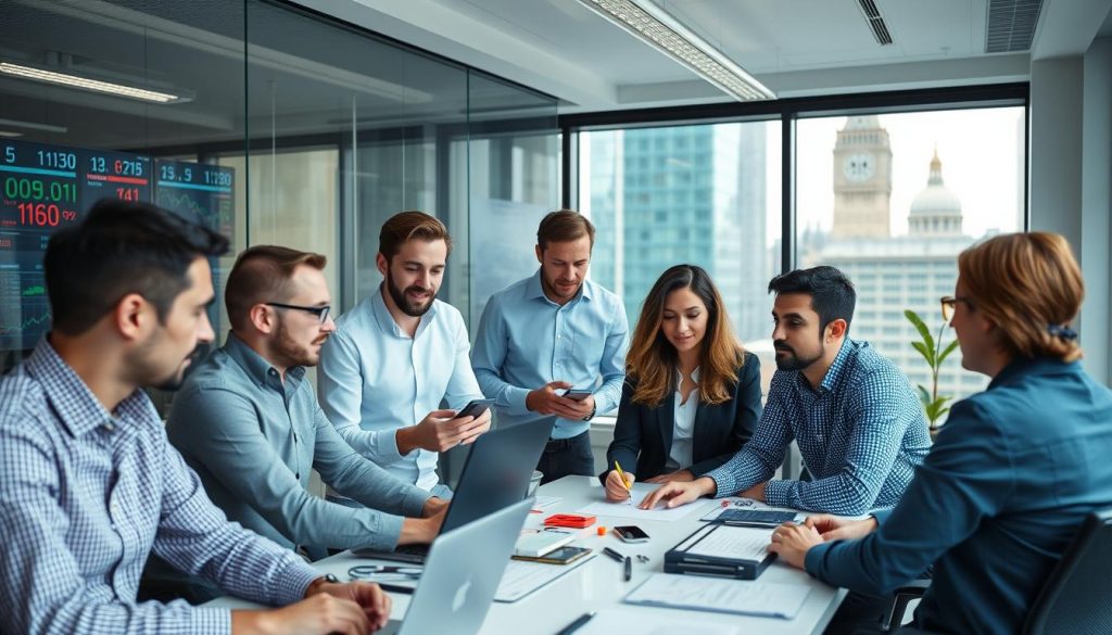 FinTech startup team working in a modern office in London FinTech startup team working in a modern office in London