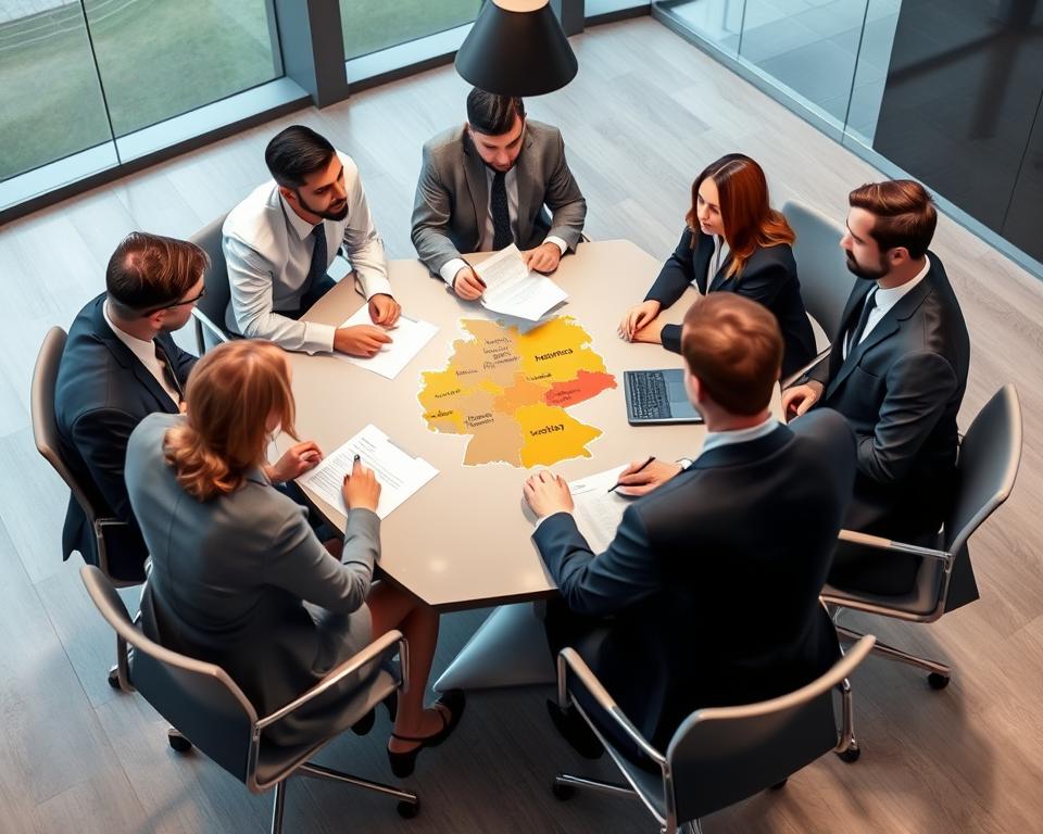Business professionals discussing German market entry strategies around a conference table