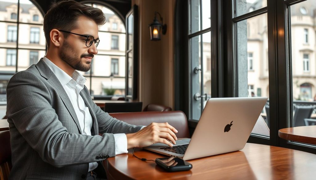Digital entrepreneur working remotely from a European café Digital entrepreneur working remotely from a European café
