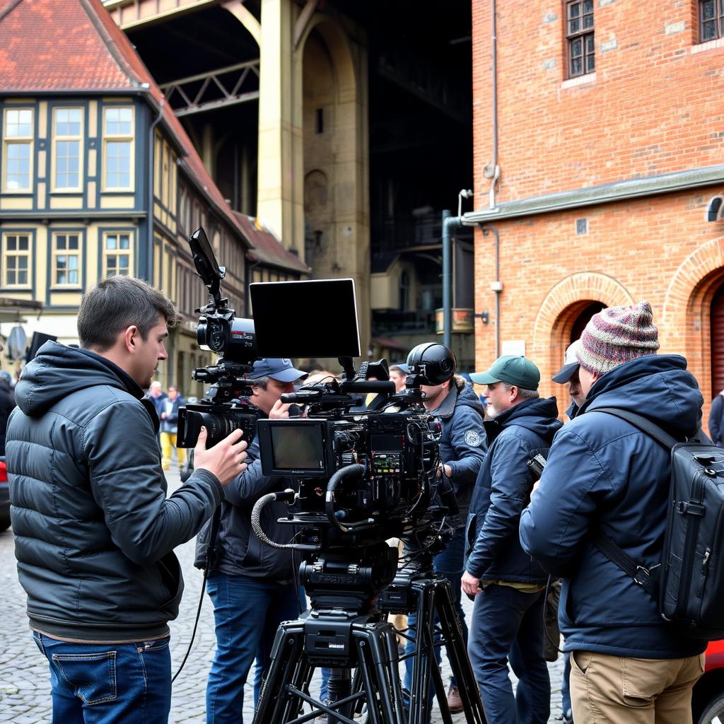 Film production crew working in a German location