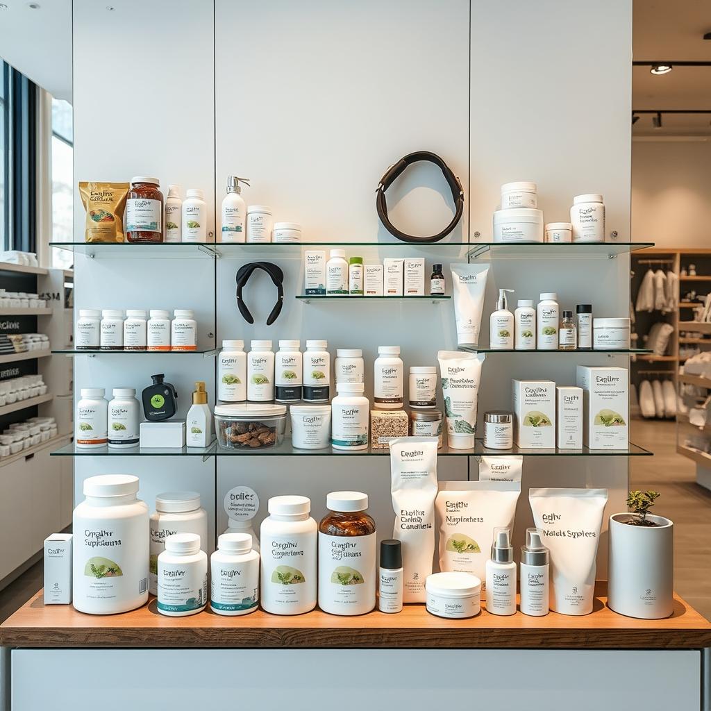 Health and wellness products displayed in a modern German retail setting