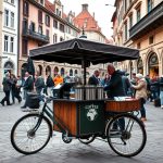 Mobile coffee bike operating in a European city square