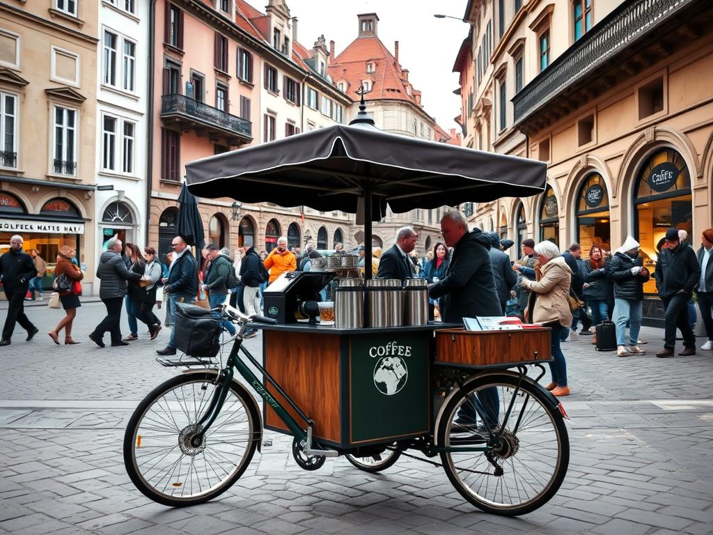 Mobile coffee bike operating in a European city square