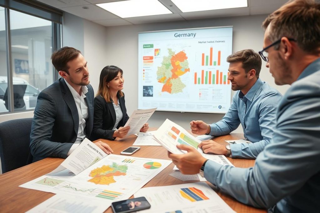 Strategic planning session for German market entry showing maps and business documents